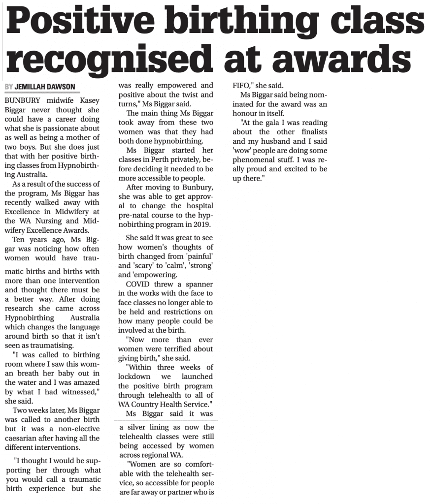 Positive Birth Class Recognised at Awards - Bunbury Mail, Bunbury Author: Jemillah Dawson