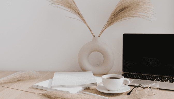 Laptop with blank copy space screen on table